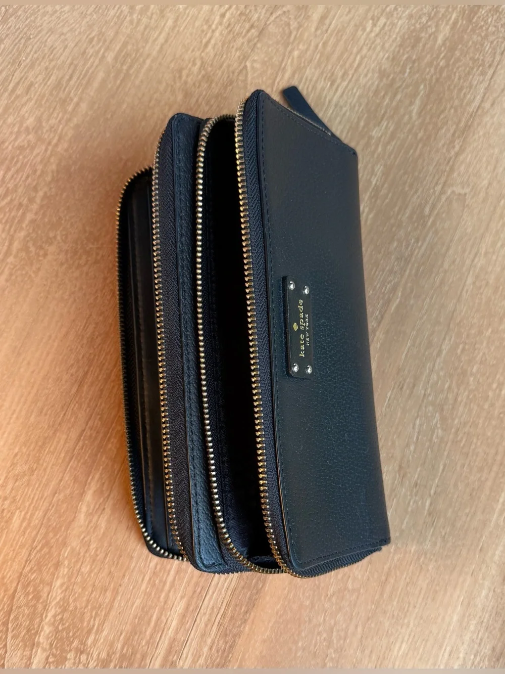 Kate Spade Black Pebbled Leather Zip-around Wallet with Gold Studs
